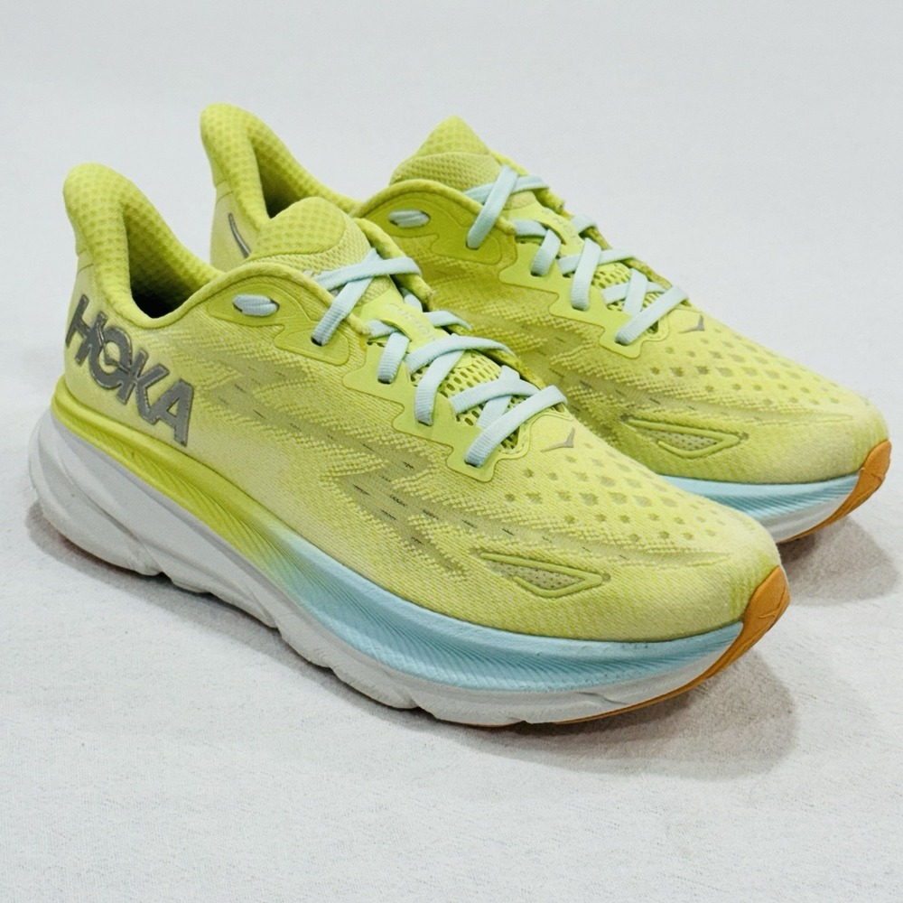 Hoka One One Clifton 9 Womens 8.5 B Citrus Glow Yellow Sunlit Ocean Blue
